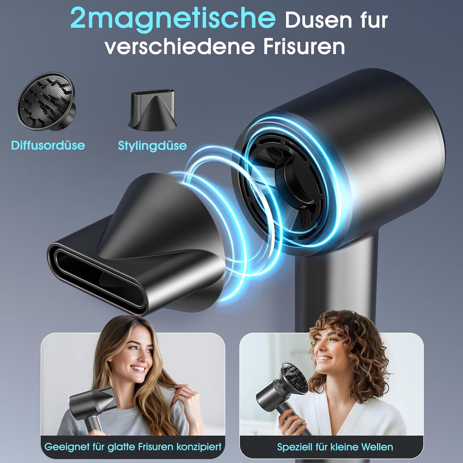 Profi Föhn Mit Diffusor,400 Millionen Ionen Föhn,Geräuscharmer Reisefön (52Db) Für Zuhause Und Reise,110.000 U/Min Hochgeschwindigkeits Haartrockner,Digitalanzeige Haartrockner Mit Diffusor & Zubehör