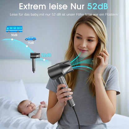 Profi Föhn Mit Diffusor,400 Millionen Ionen Föhn,Geräuscharmer Reisefön (52Db) Für Zuhause Und Reise,110.000 U/Min Hochgeschwindigkeits Haartrockner,Digitalanzeige Haartrockner Mit Diffusor & Zubehör