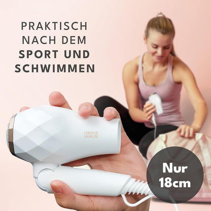 LEBENLANG Reisefön Klappbar Klein - Duale Spannung & Inkl. Reisetasche