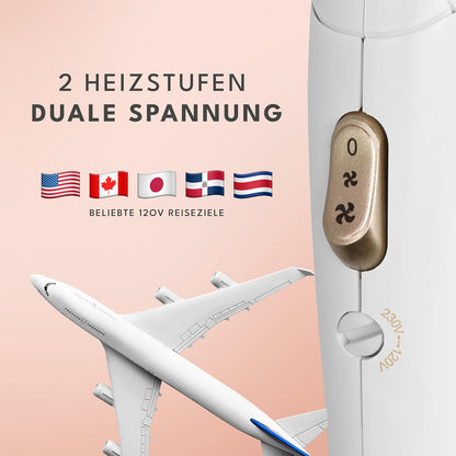 LEBENLANG Reisefön Klappbar Klein - Duale Spannung & Inkl. Reisetasche