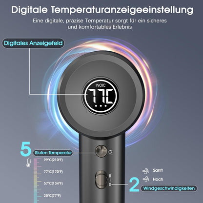Profi Föhn Mit Diffusor,400 Millionen Ionen Föhn,Geräuscharmer Reisefön (52Db) Für Zuhause Und Reise,110.000 U/Min Hochgeschwindigkeits Haartrockner,Digitalanzeige Haartrockner Mit Diffusor & Zubehör