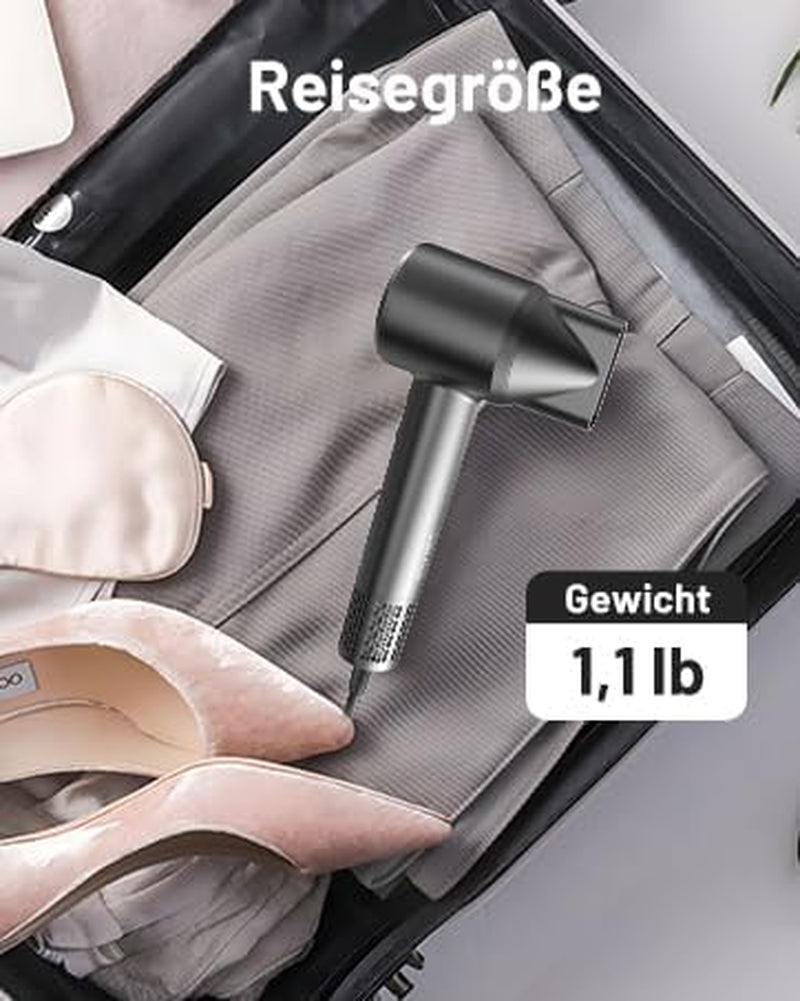 Profi Föhn Mit Diffusor,400 Millionen Ionen Föhn,Geräuscharmer Reisefön (52Db) Für Zuhause Und Reise,110.000 U/Min Hochgeschwindigkeits Haartrockner,Digitalanzeige Haartrockner Mit Diffusor & Zubehör